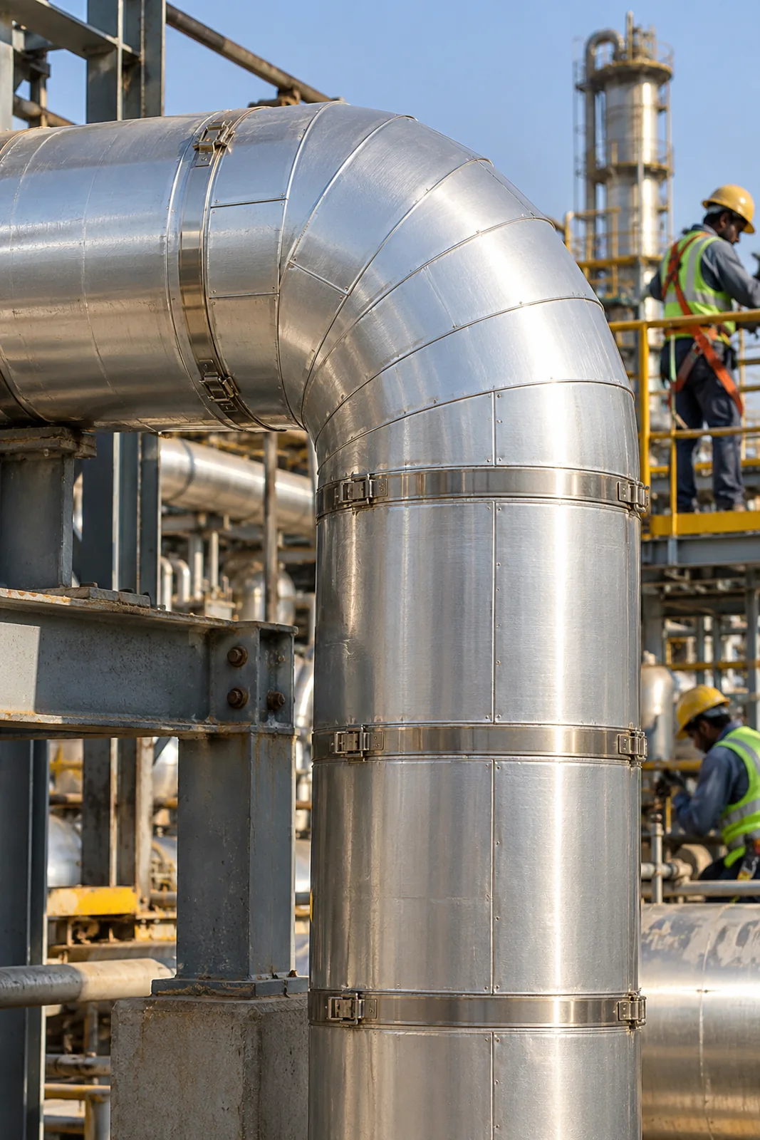 Close-up of a clad hot insulation job: an aluminium-jacketed steam pipe and elbow with neat overlapping seams