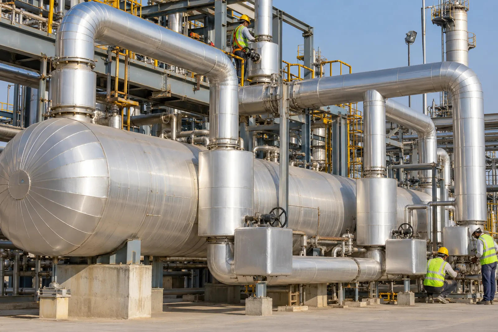 A finished, fully insulated process area: clad pipelines, insulated vessels and valve boxes