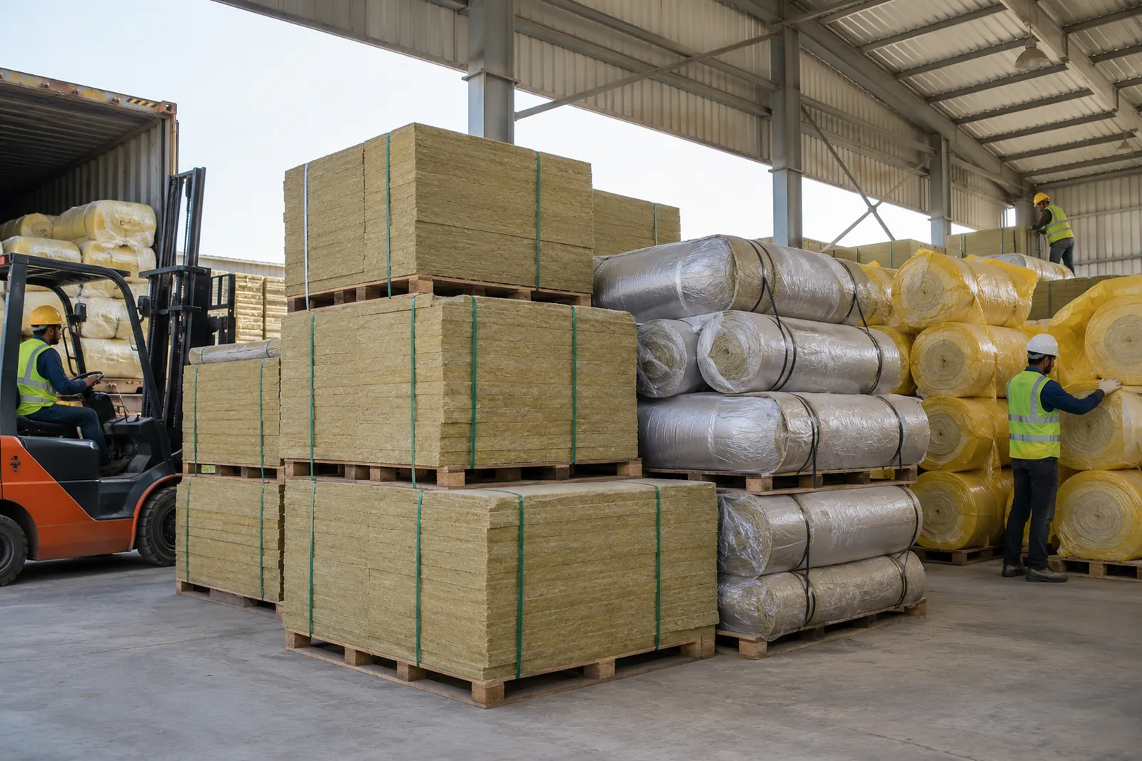 Stacked rockwool slabs, LRB mattress rolls and glass wool rolls on pallets under a high roof