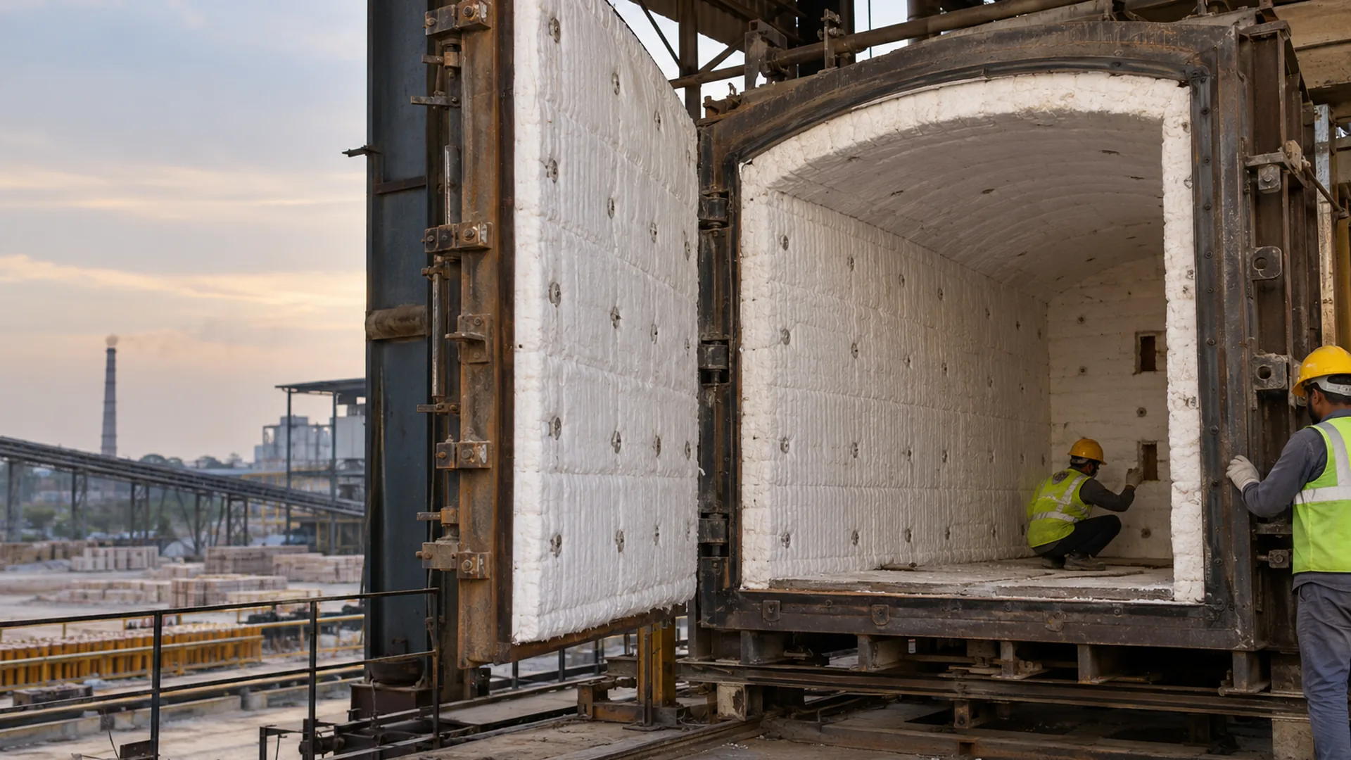 White ceramic fibre blanket lining the inside of an industrial kiln or furnace in Morbi, the furnace door open