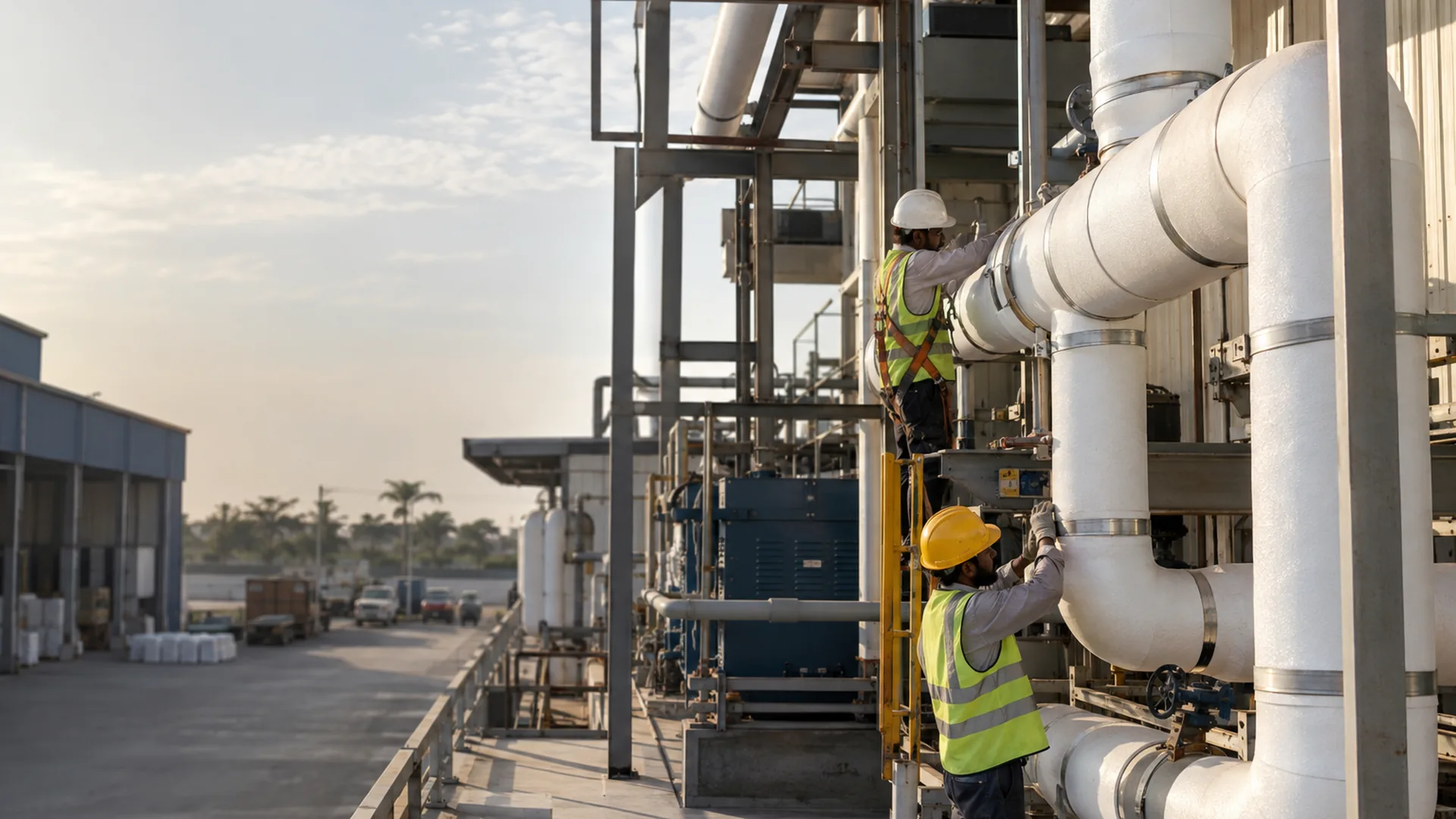 White thermocol pipe sections on chilled water lines in a cold store plant area