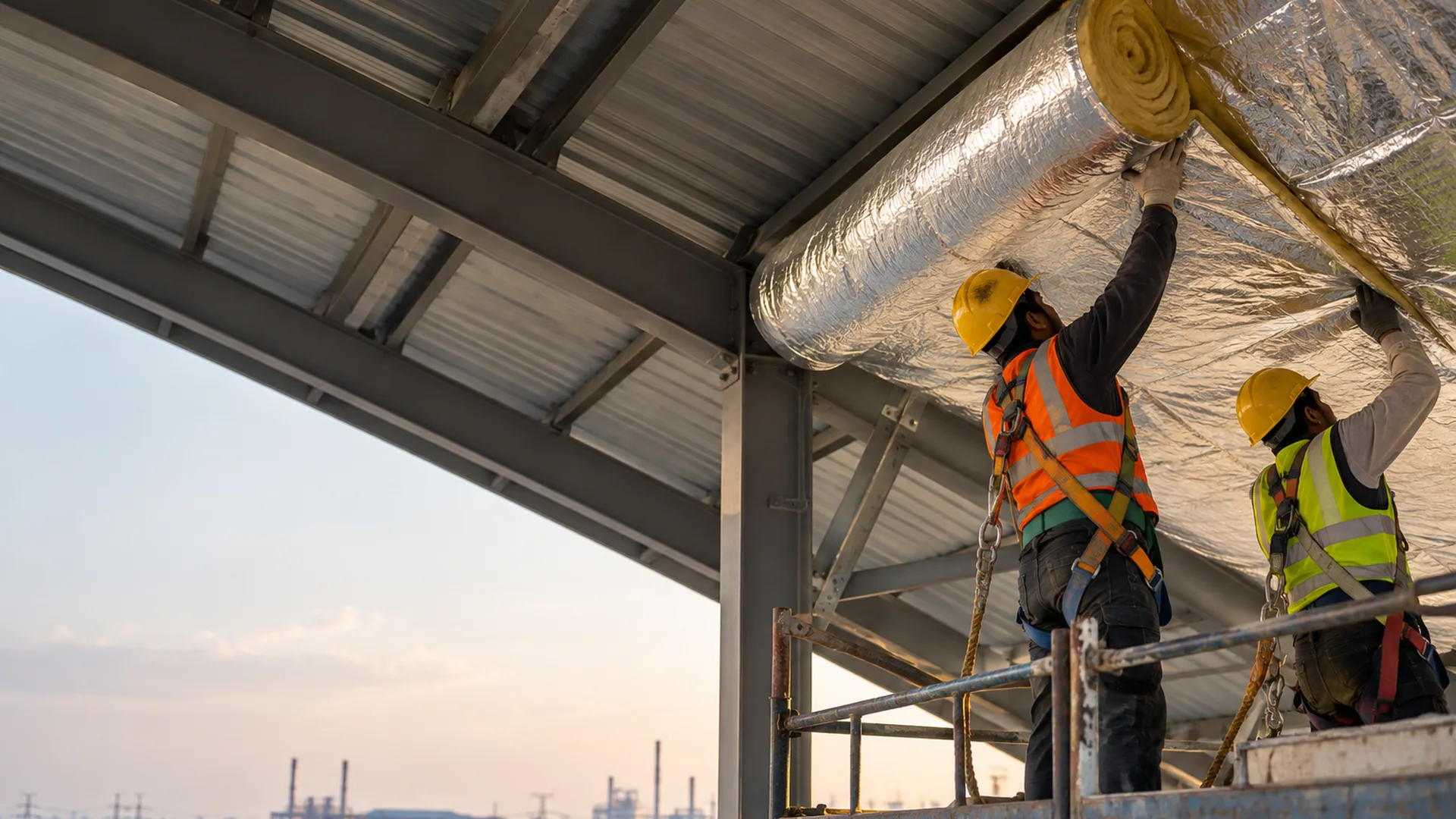 Foil-faced glass wool rolls being laid under a metal shed roof, light reflecting off the foil