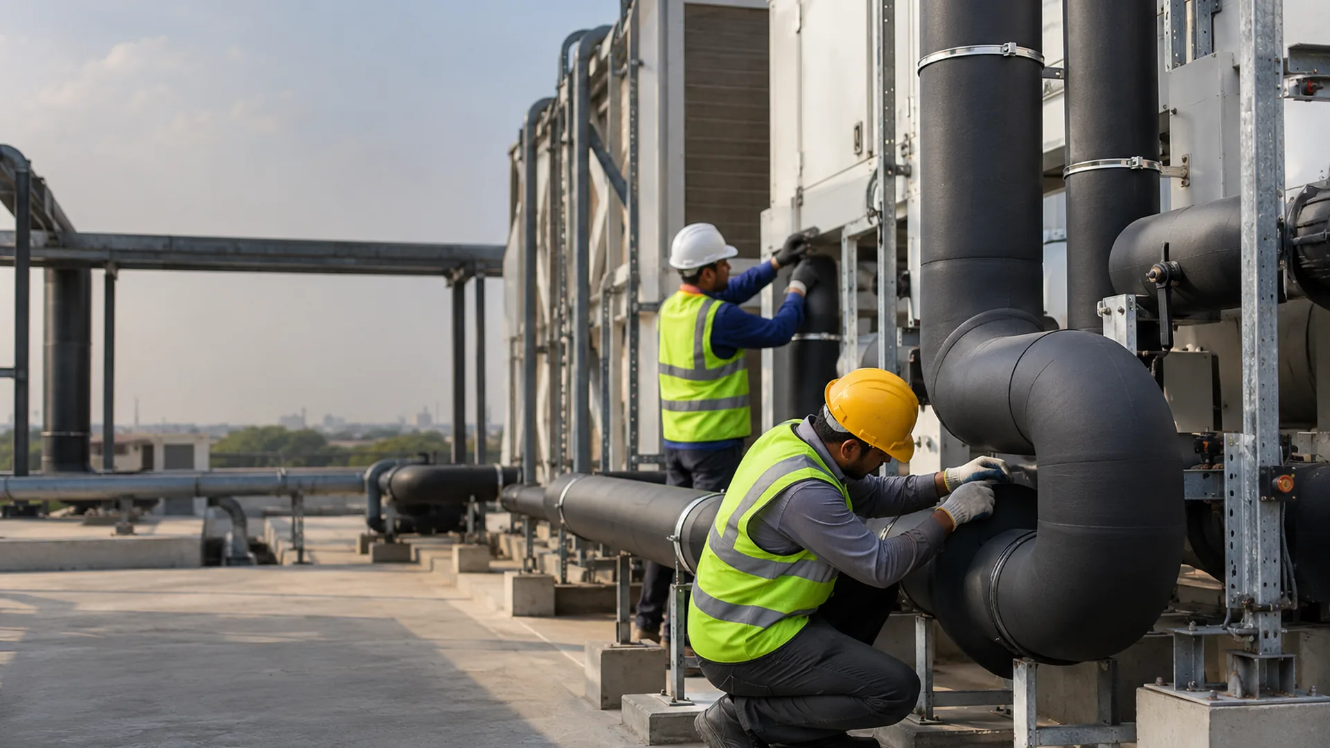 Black nitrile rubber tube insulation on chilled water pipes in an AHU plant room, joints neatly glued
