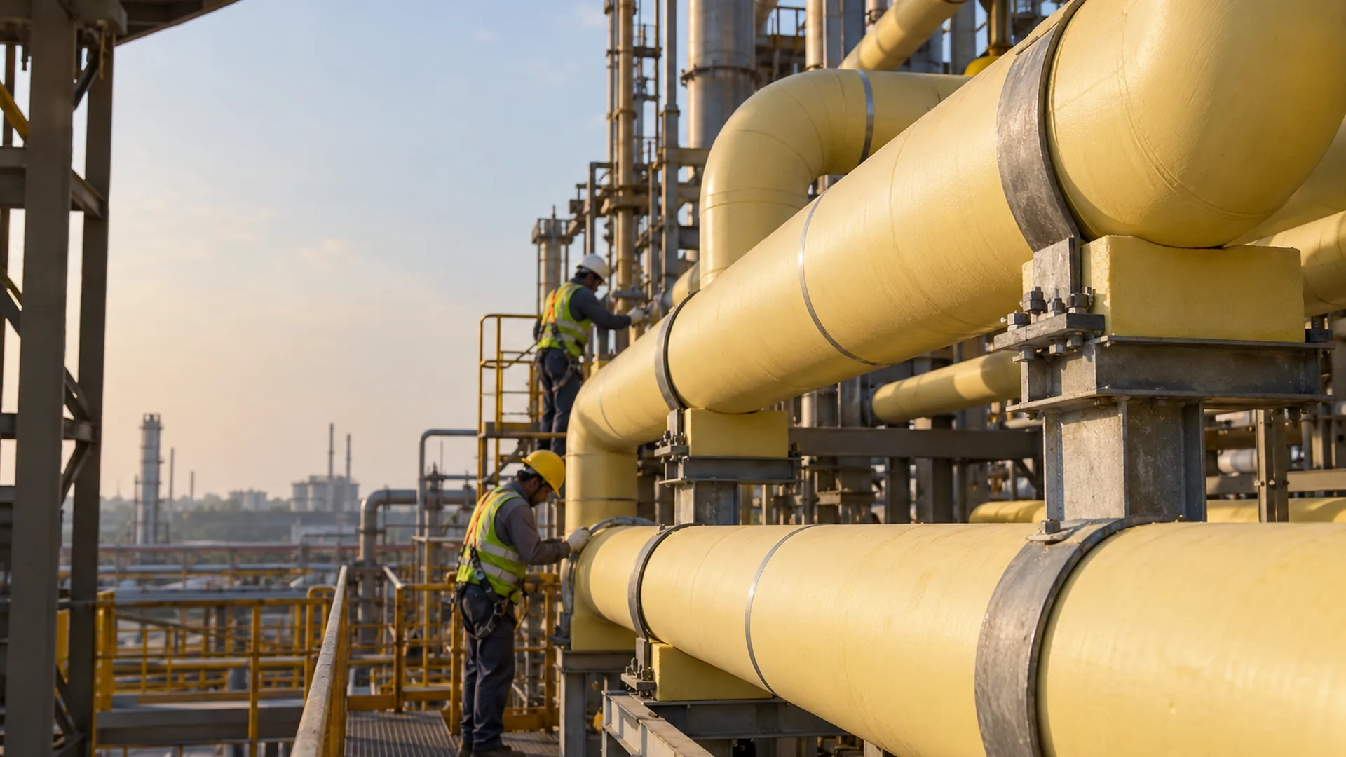 Yellow PUF pipe sections fitted on cold process lines, with high density PUF supports at the pipe clamps