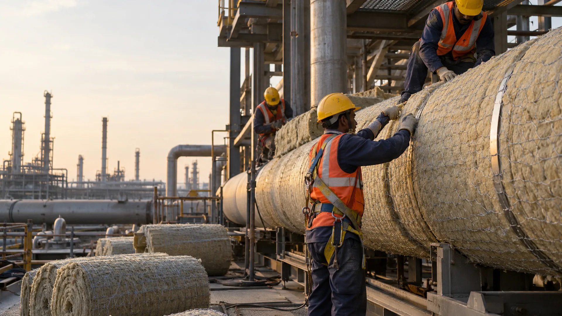 Rockwool LRB mattress being wrapped around a large hot pipeline with wire netting, more rolls ready nearby