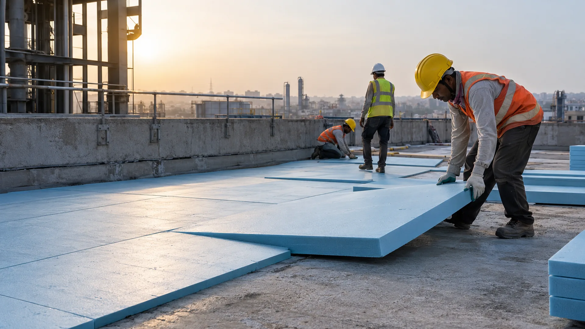XPS insulation boards being laid on an RCC terrace roof before the screed, a worker placing a board