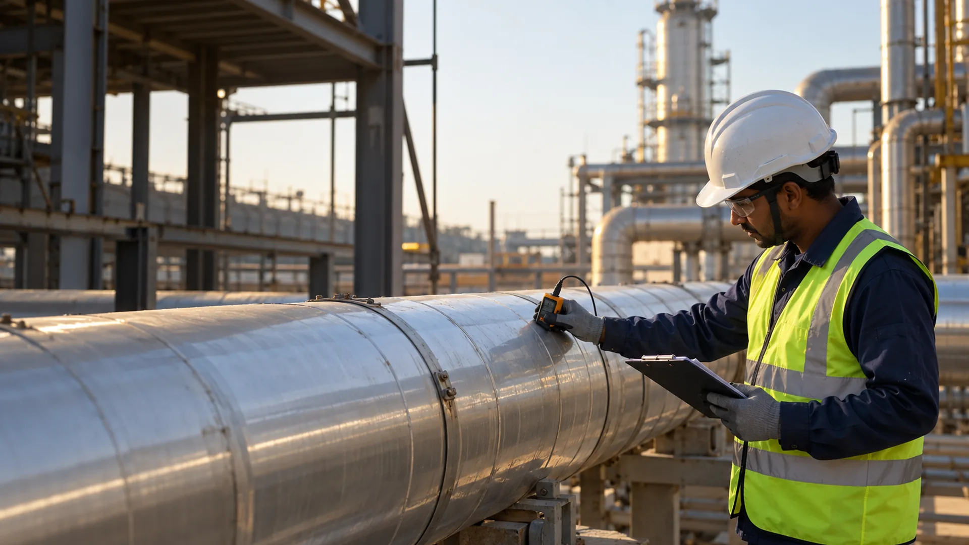 A quality inspector in PPE checking a finished clad insulated pipeline with a thickness gauge and a clipboard