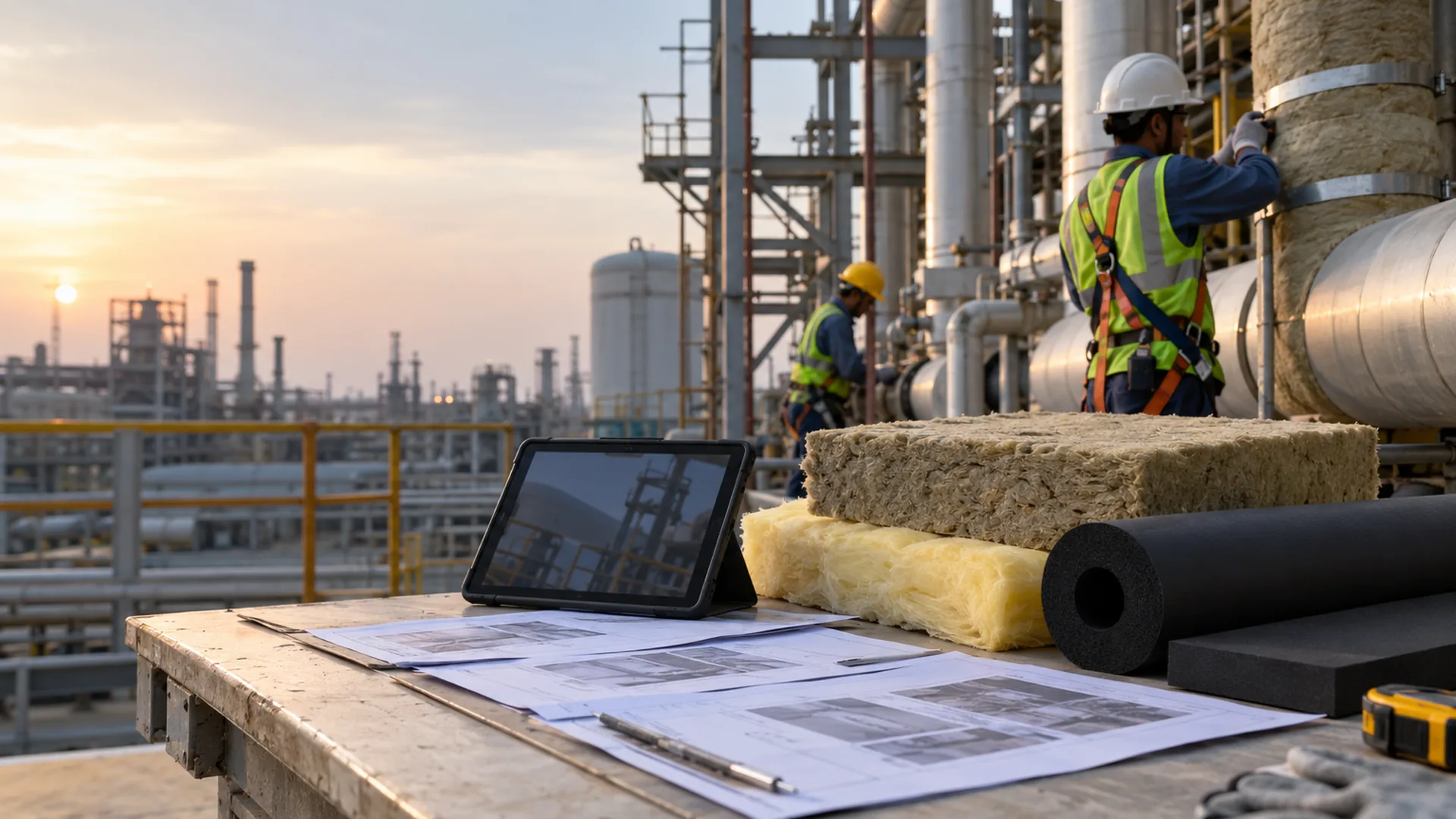 Technical datasheet printouts and a tablet on a desk next to samples of rockwool