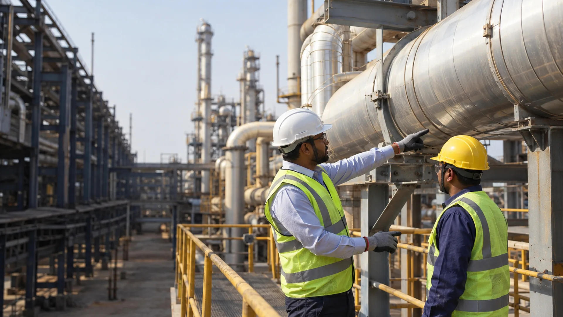 An insulation site engineer explaining a clad pipeline detail to a plant client, both in hard hats
