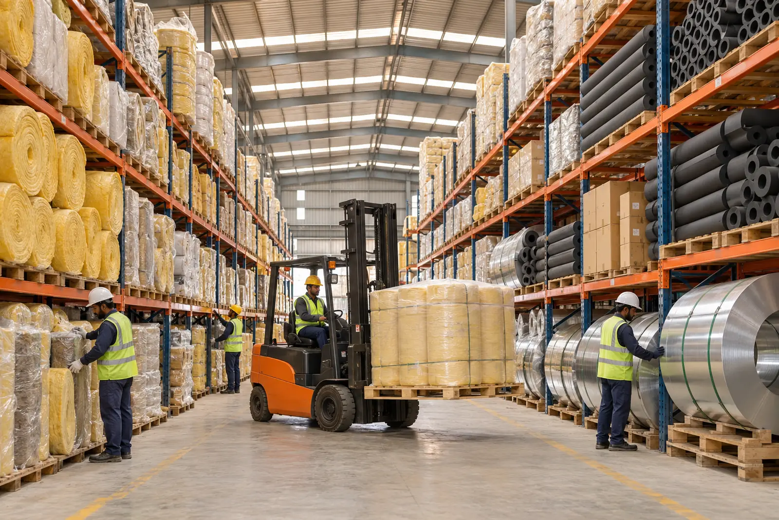 Tall racks of rockwool and glass wool rolls, nitrile tube boxes and aluminium sheet coils, a forklift aisle