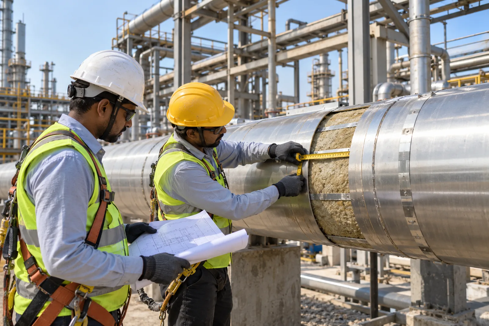 Two site engineers in hard hats checking insulation thickness on a clad pipeline with a drawing and a