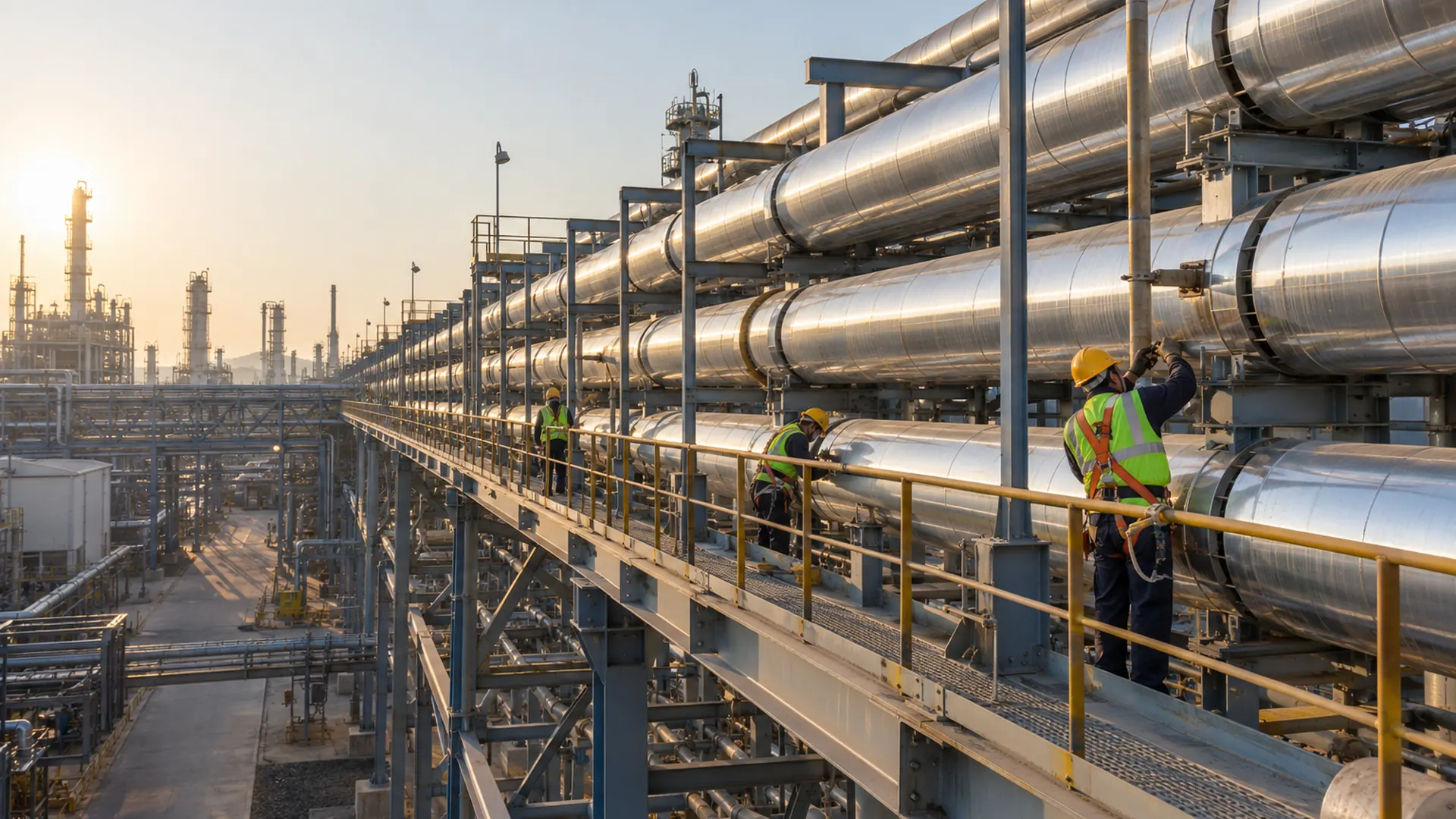 A long pipe rack in a Gujarat chemical plant carrying a bundle of insulated pipelines with bright aluminium