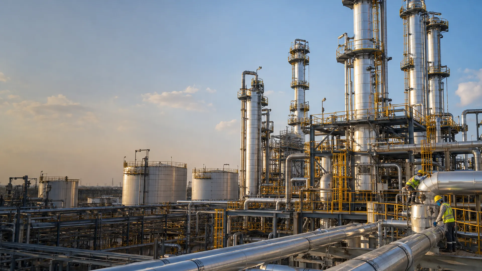 A process plant with tall insulated distillation columns, storage tanks and pipe racks