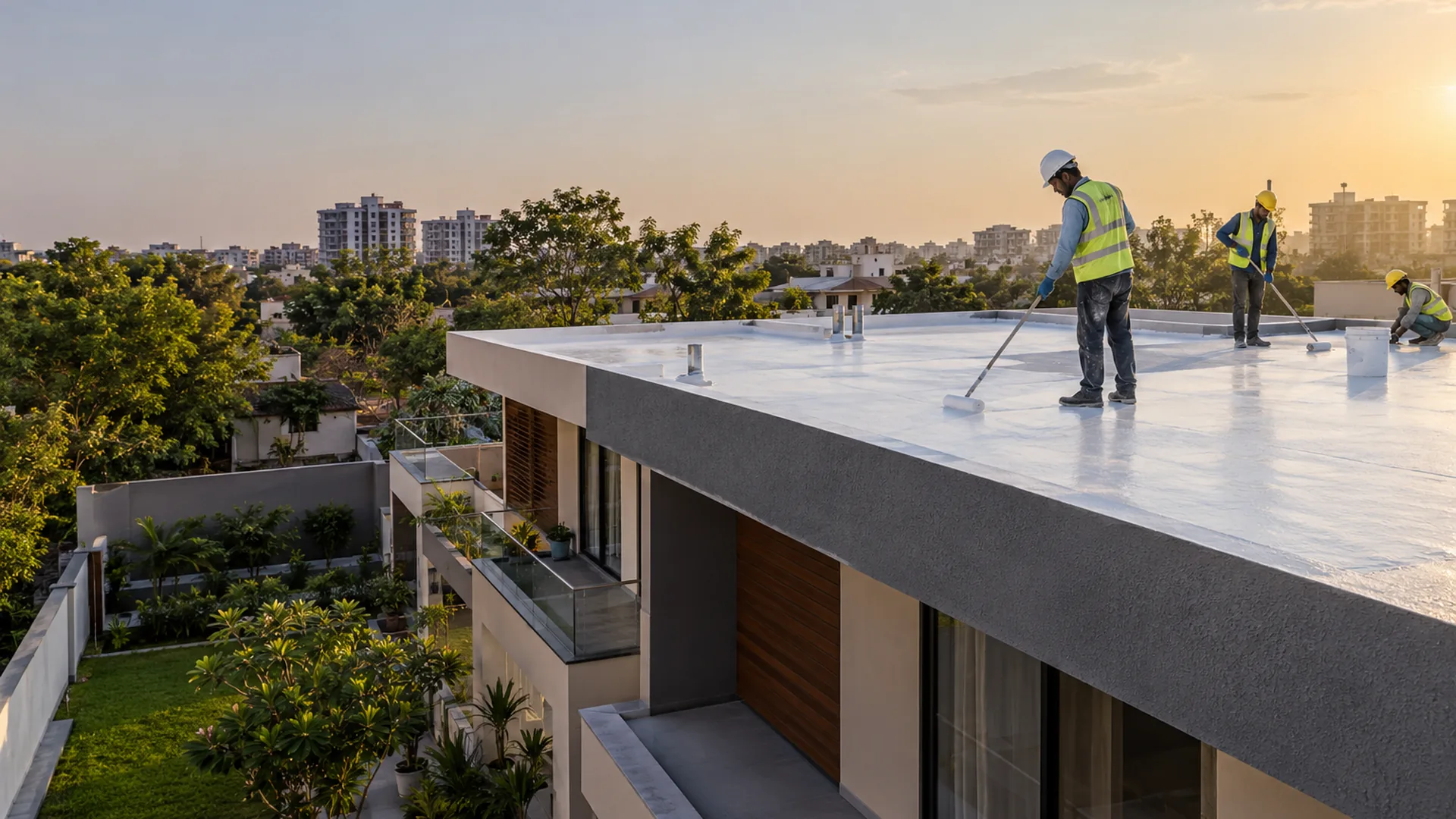 A modern two-storey home in Ahmedabad with a flat RCC terrace roof finished in a light cool-roof coating