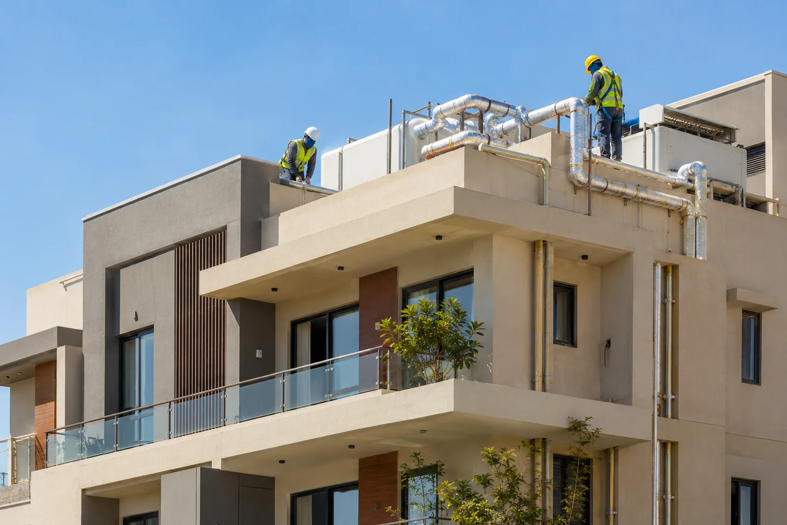 A modern residential building in Gujarat with flat terraces and