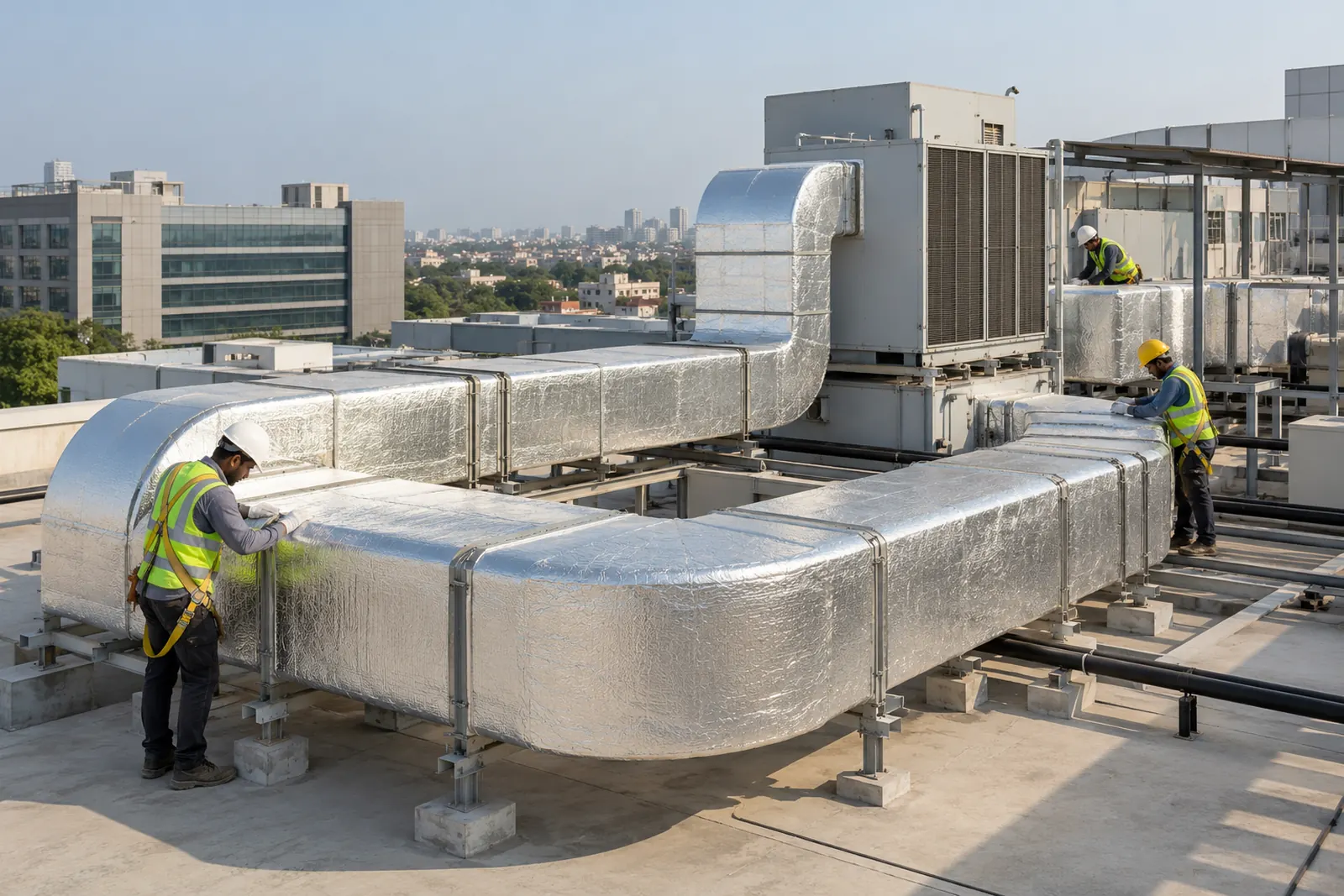 Buildings: a modern commercial building with insulated rooftop