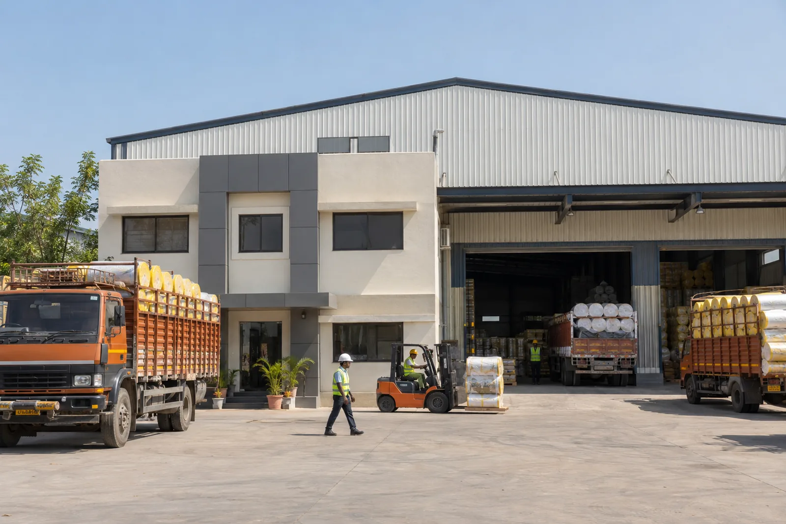 An insulation warehouse in Vatva GIDC, Ahmedabad: a front office block with the warehouse behind
