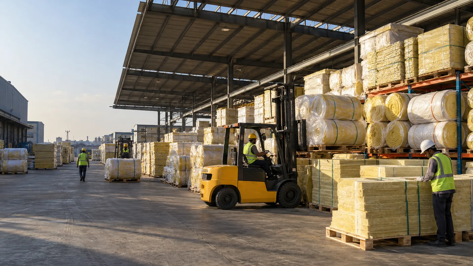 Long rows of insulation rolls and slabs on pallets, forklifts, high metal roof
