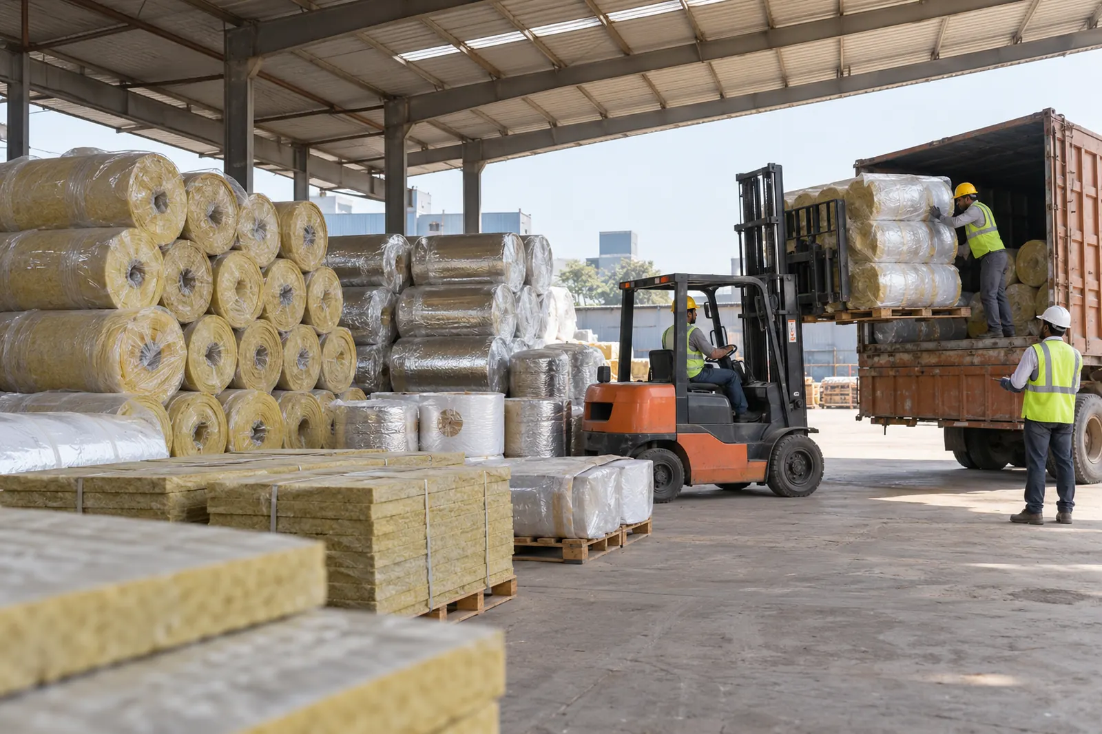 Material stacked under a shed roof, loading area