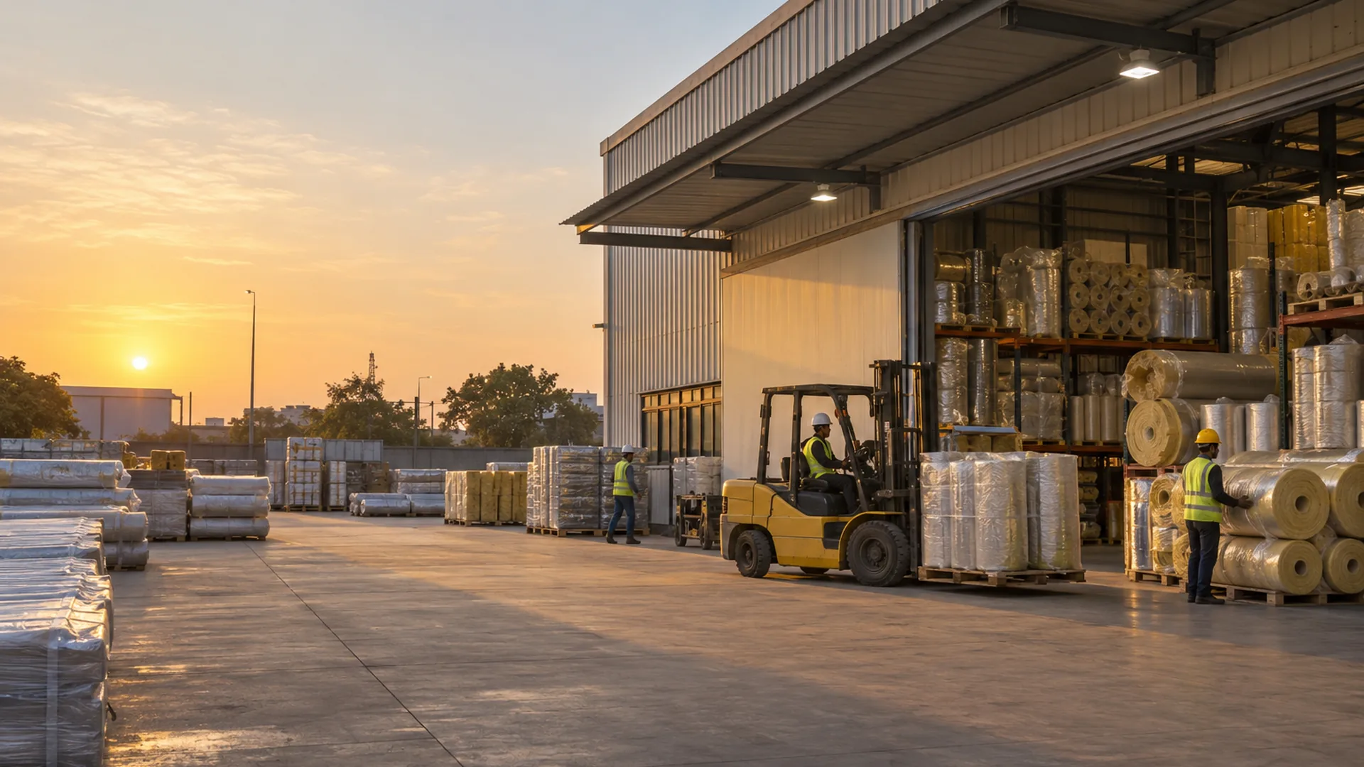An insulation warehouse and office in an industrial estate in Gujarat at golden hour