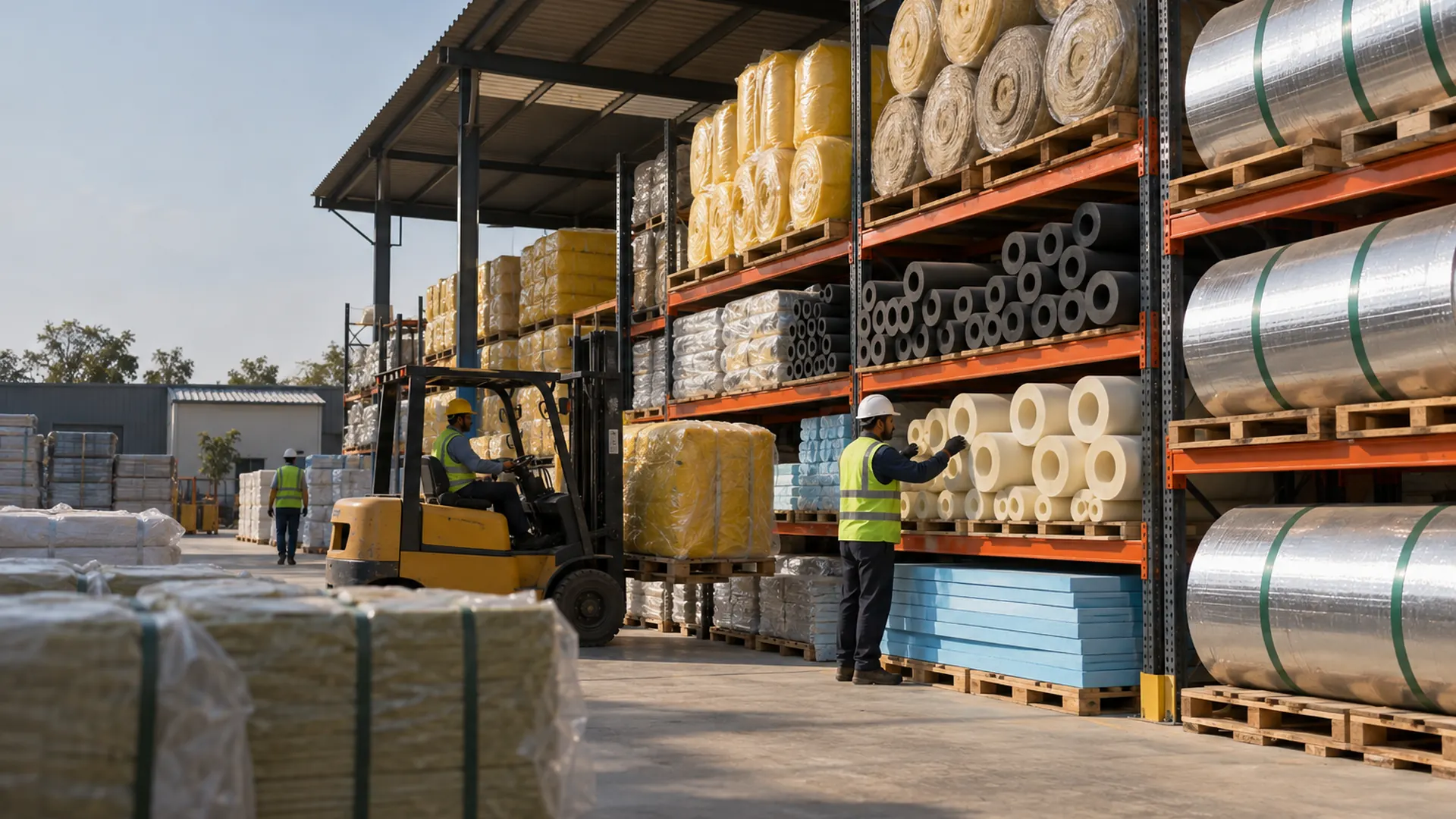 Inside an insulation warehouse showing the range: rockwool and glass wool rolls, nitrile tubes