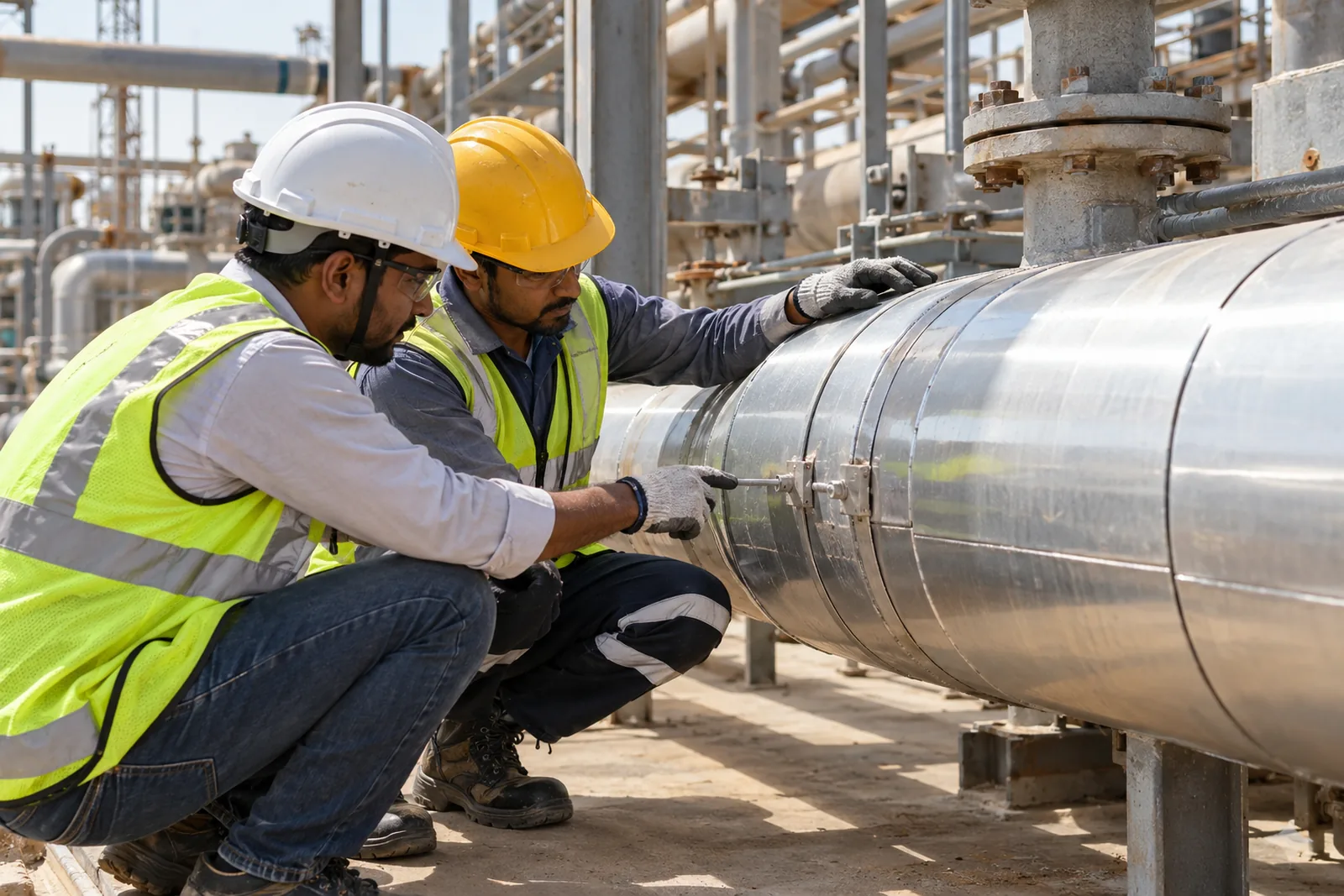 A site engineer and an insulation supervisor inspecting a finished clad joint closely on a pipeline