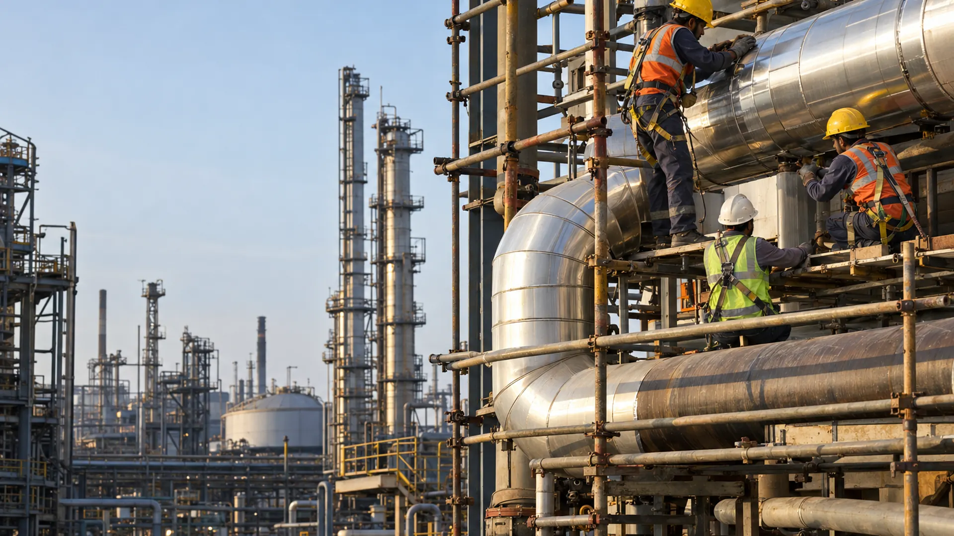 A refinery with insulated process lines being worked on: scaffolding, a crew cladding pipes at height