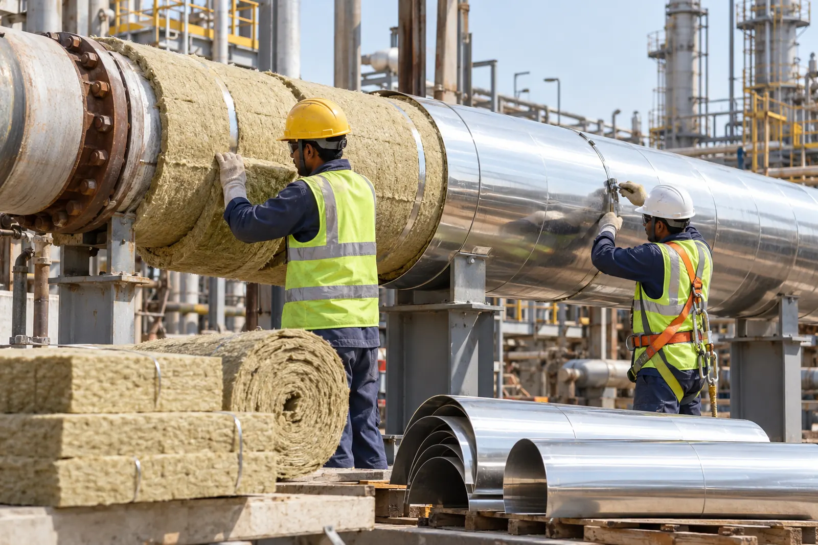 An insulation crew at work on a steam line: one wrapping rockwool, one fixing cladding