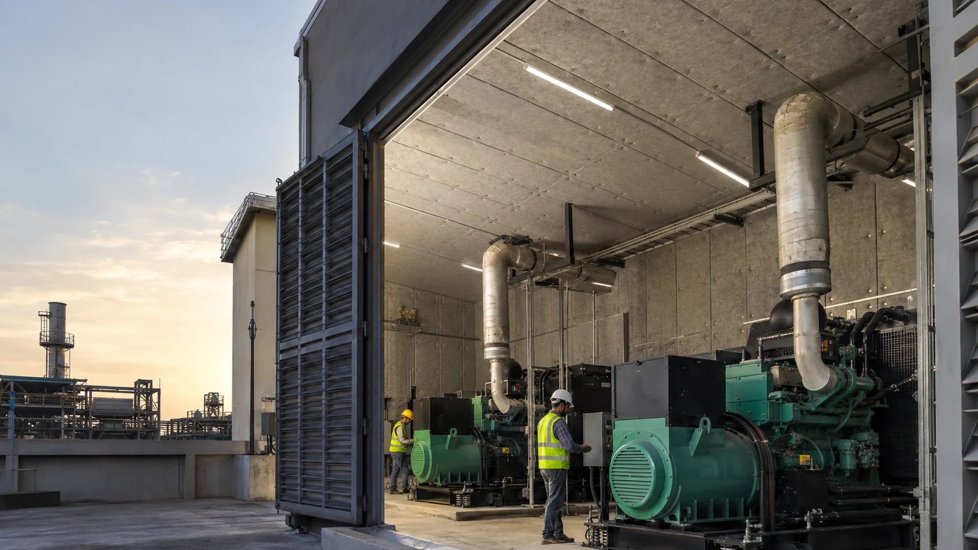 A DG set room lined with acoustic insulation panels on the walls and ceiling, generators in place