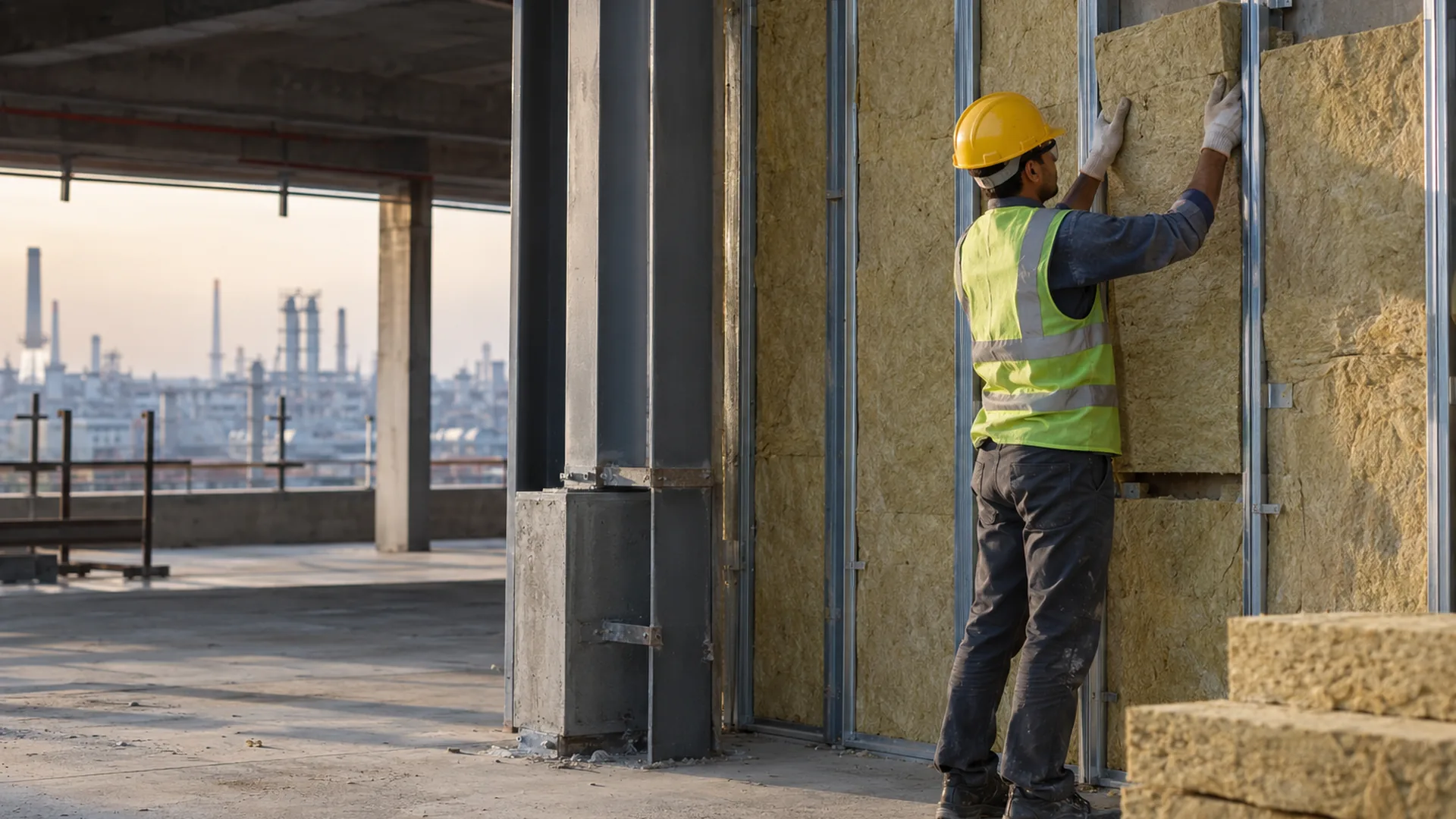 A worker fitting rockwool slabs into a steel stud partition wall in a commercial building