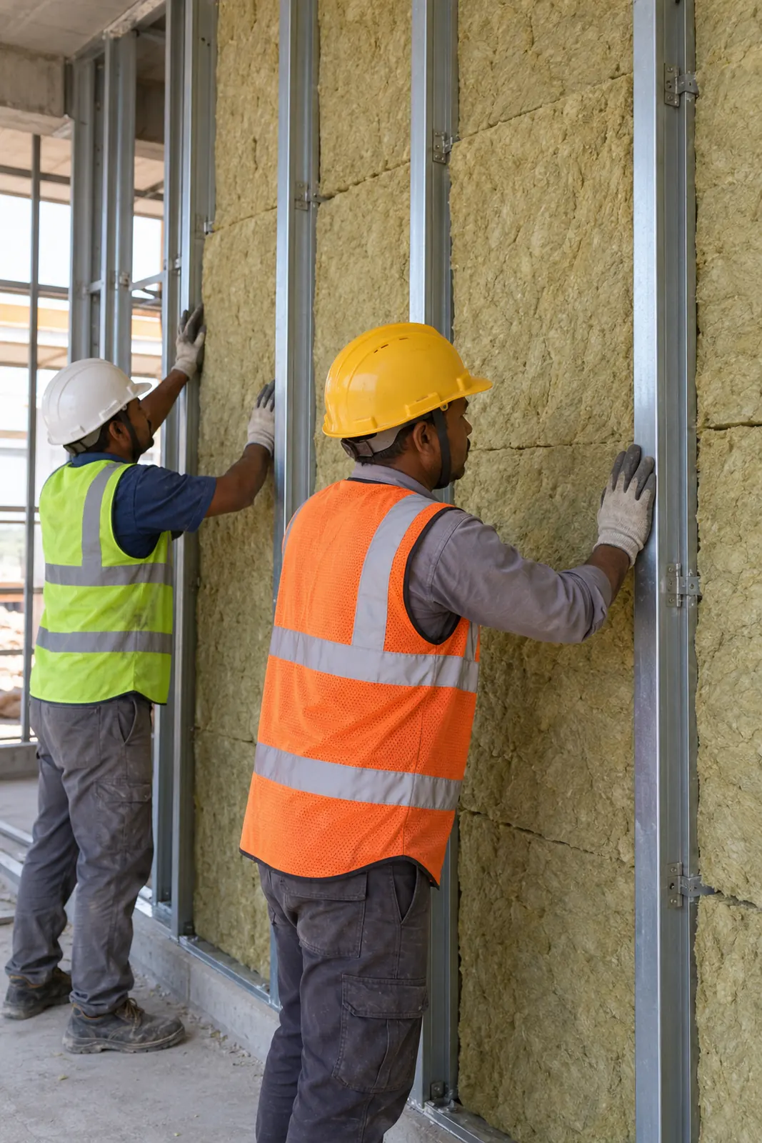 Stone wool slabs fitted tight between steel studs in a building wall, before boarding
