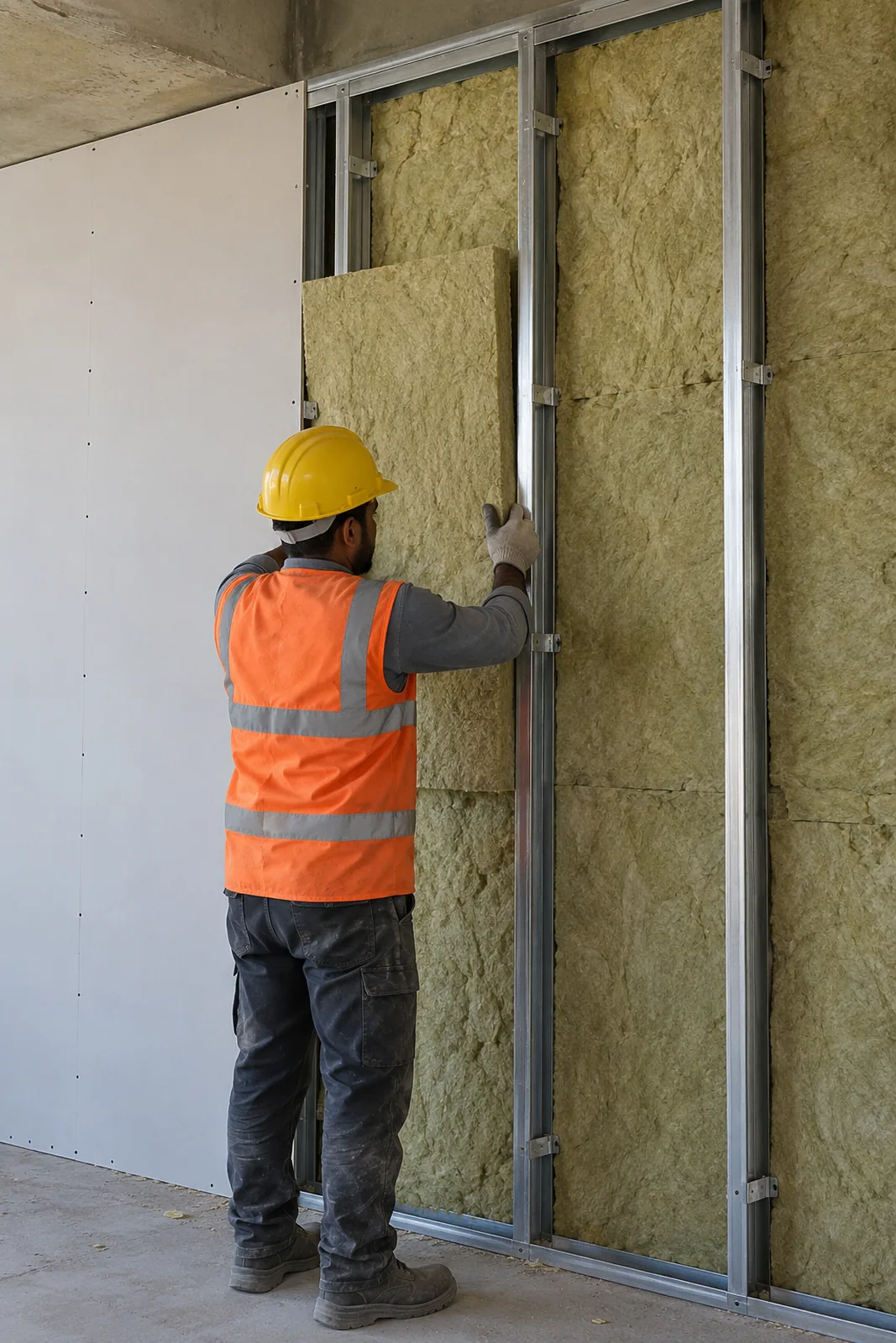Mineral wool insulation in a drywall partition, one board fixed, the rest open