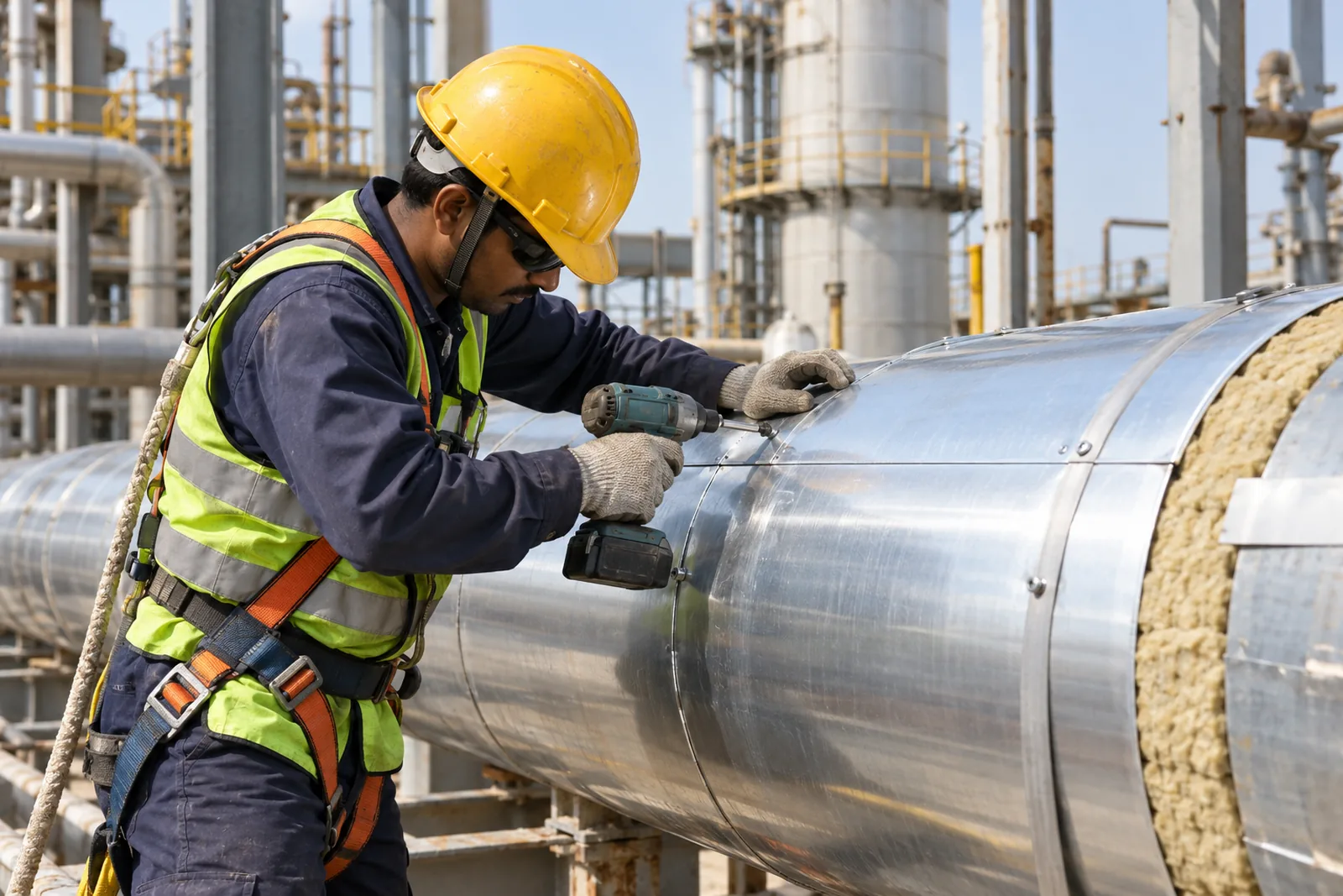 A technician fixing a rolled aluminium cladding sheet with self tapping screws over pipe insulation