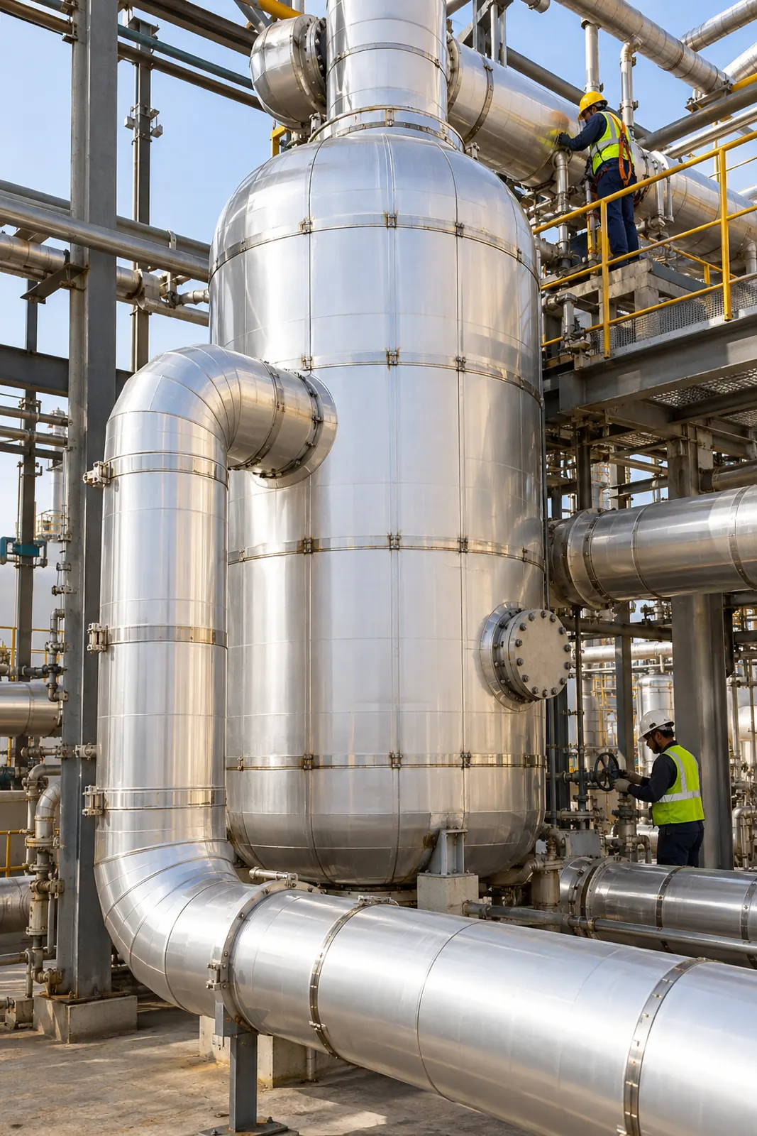 Clad vessels and pipework with aluminium jacketing and neat stainless bands
