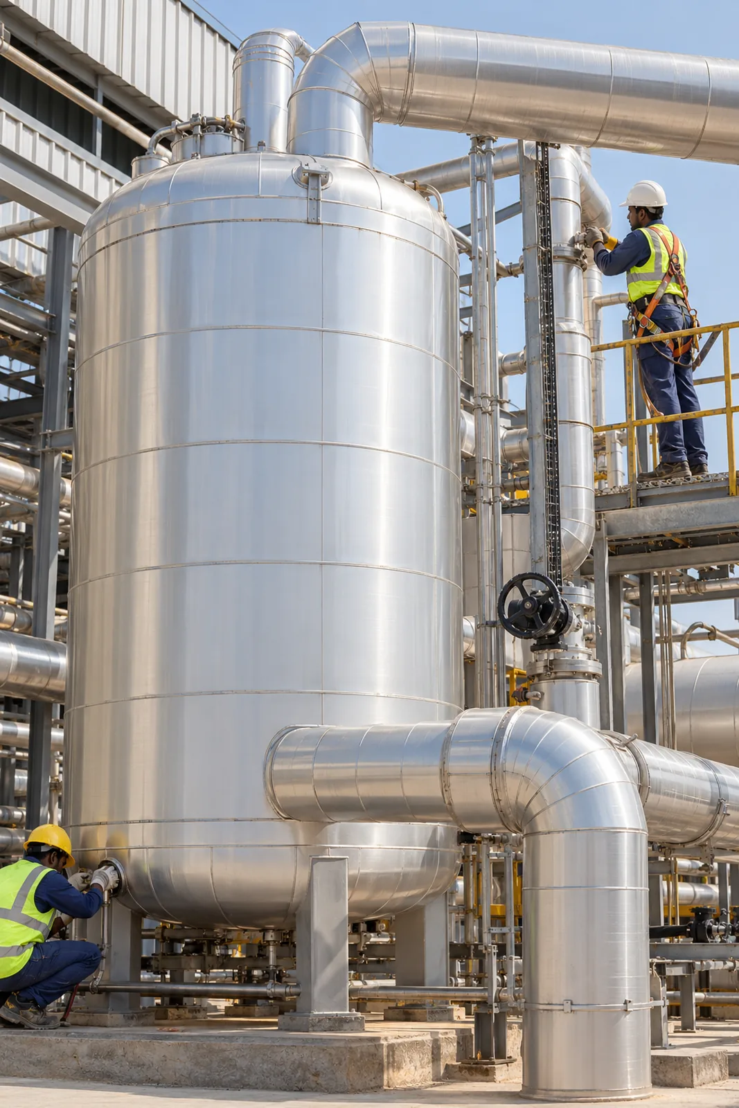 Clad cold store vessels and refrigeration lines with aluminium jacketing, dry and frost free