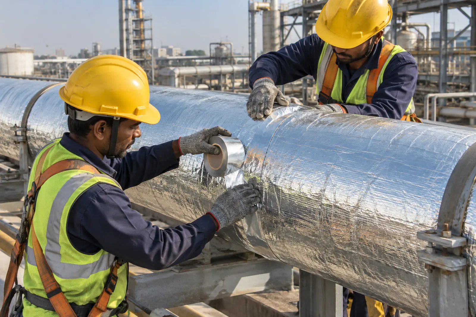 A chilled water line with foil vapour barrier being taped at a joint