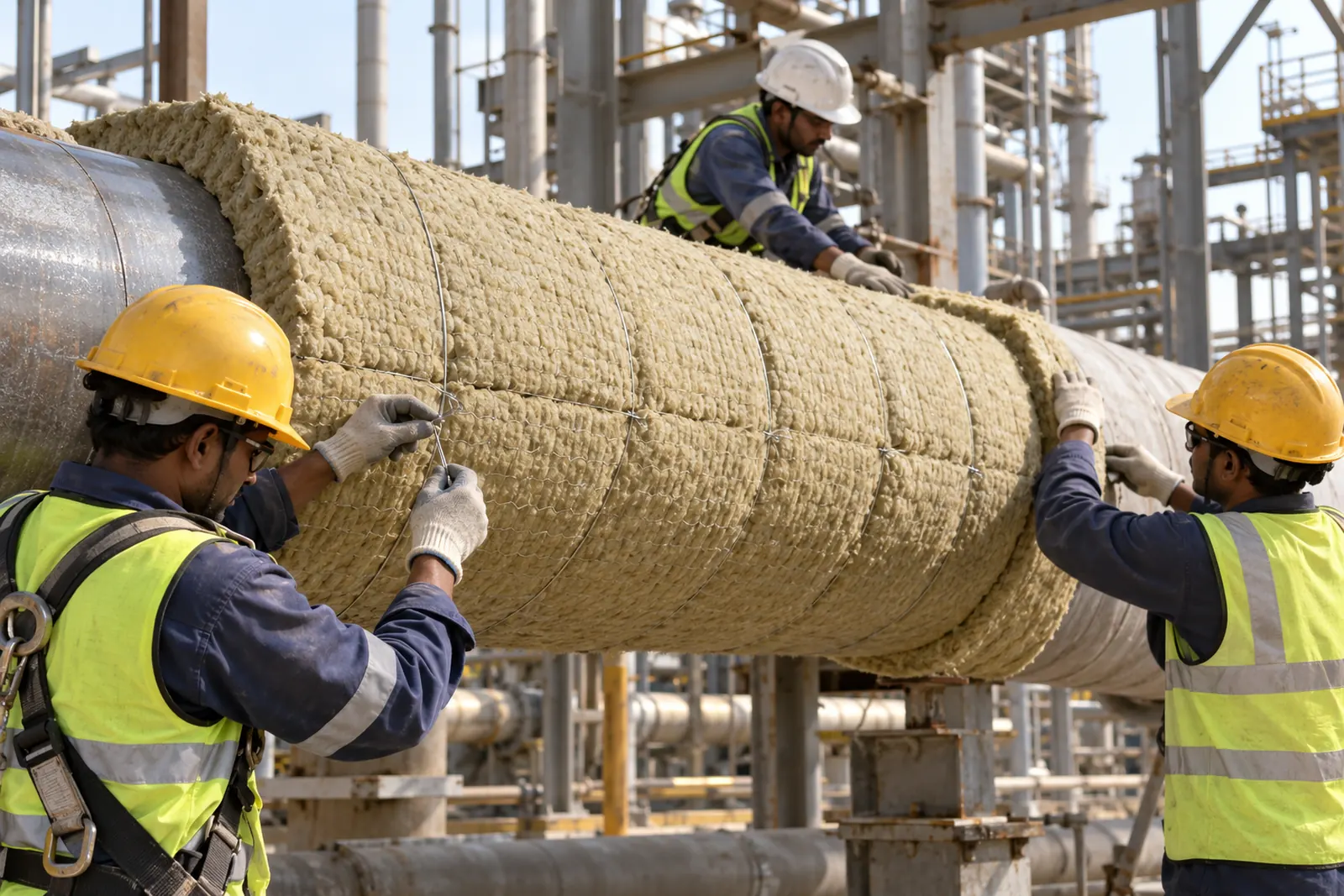 An insulation crew wrapping rockwool LRB mattress on a steam header and tying it with binding wire