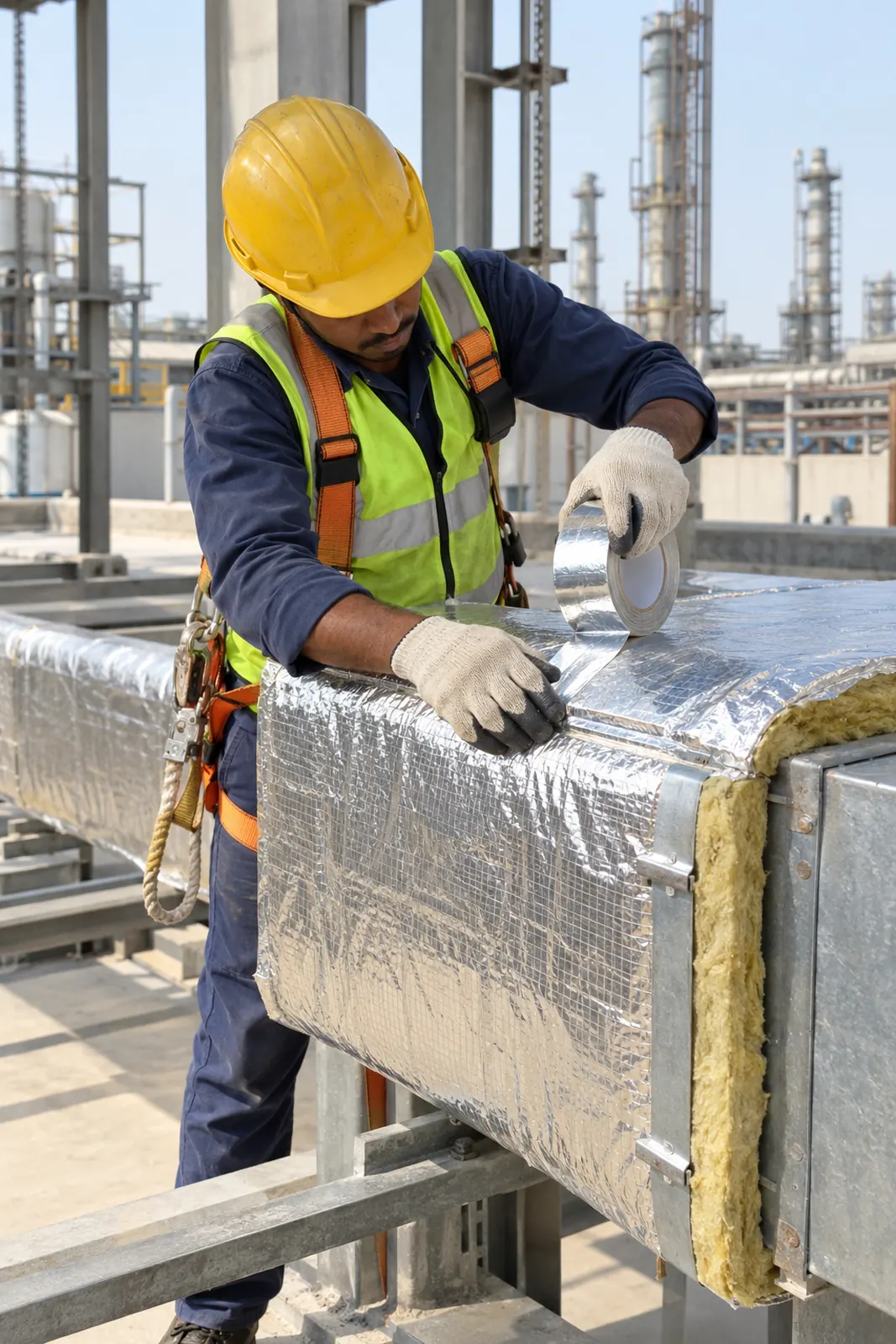 A technician wrapping foil-faced glass wool duct wrap on a rectangular duct and taping the joint