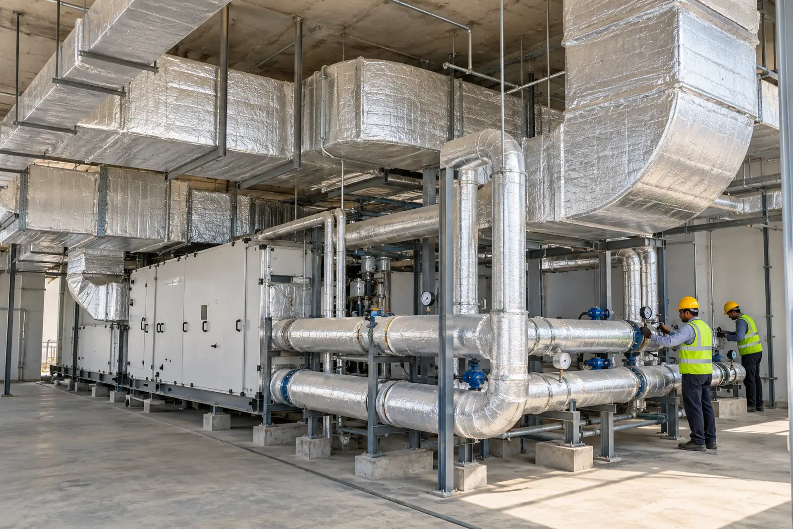 An AHU room with insulated supply and return ducts and chilled water pipes
