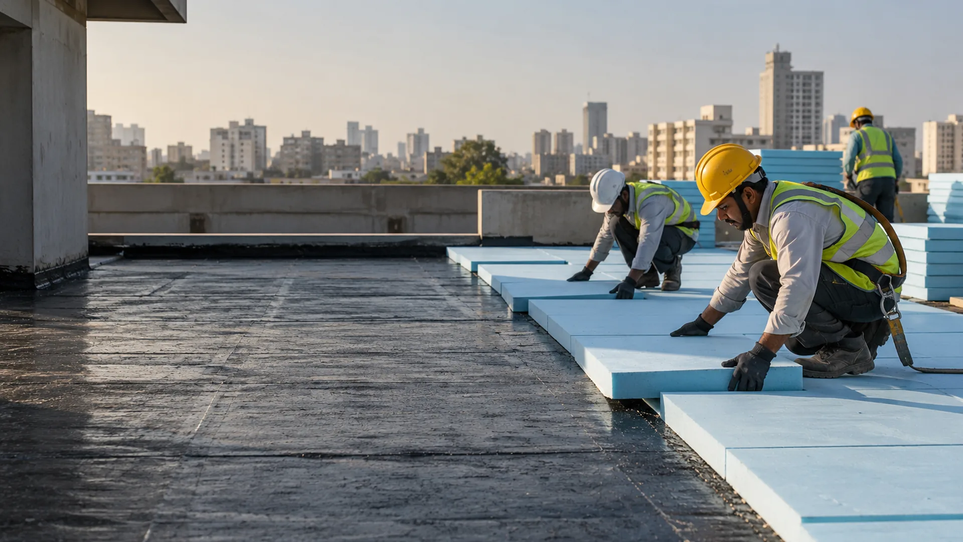 An RCC terrace roof with XPS boards being laid over a waterproofing layer, city buildings behind