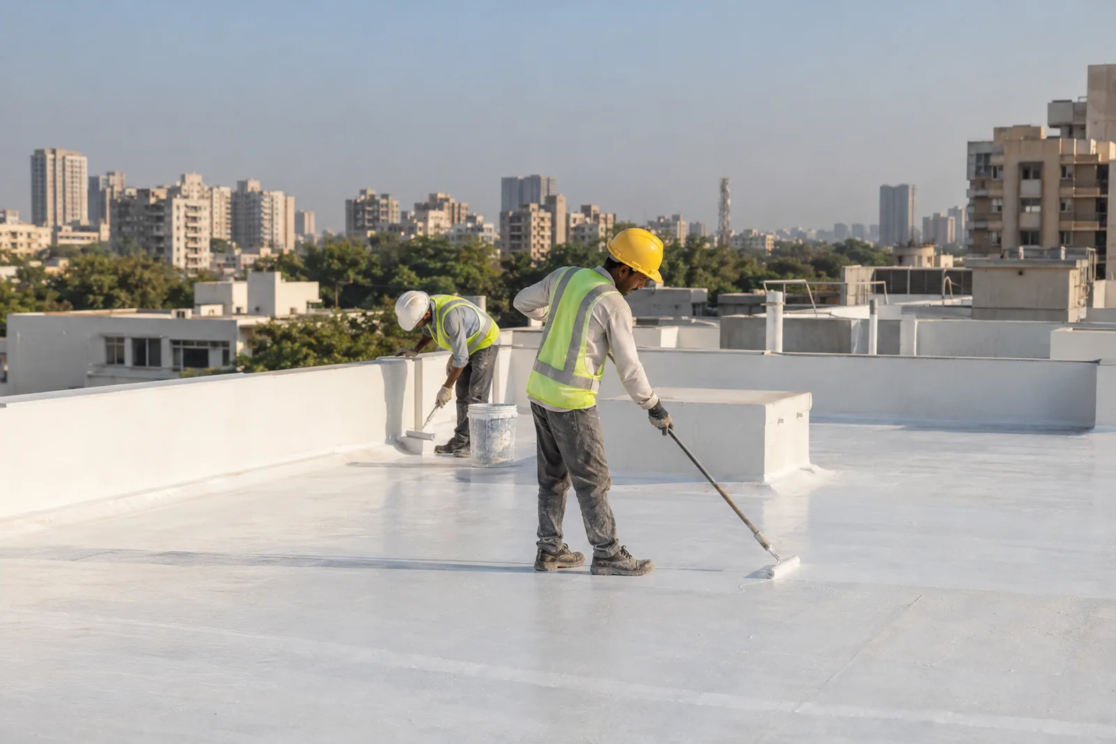 Flat terraces of city buildings in Ahmedabad with finished light-coloured roof protection