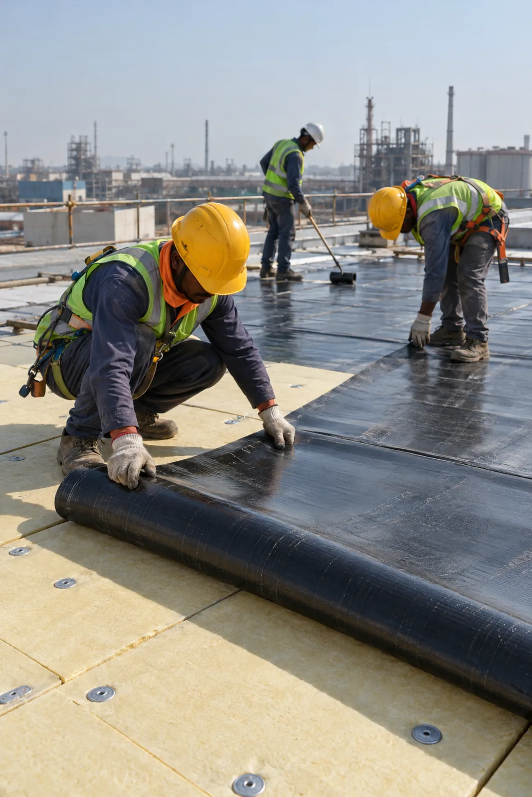 A waterproof membrane being laid over insulation boards on a roof deck