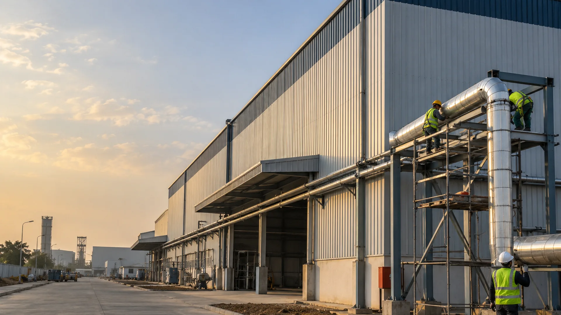 A large pre-engineered metal building shed in a GIDC industrial estate, clean metal roof and walls