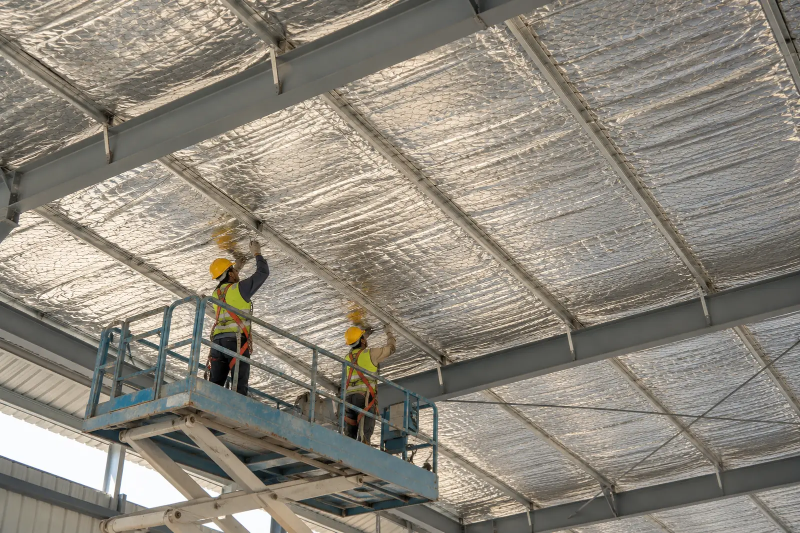 The underside of a metal shed roof with foil-faced glass wool fixed under the sheets on mesh