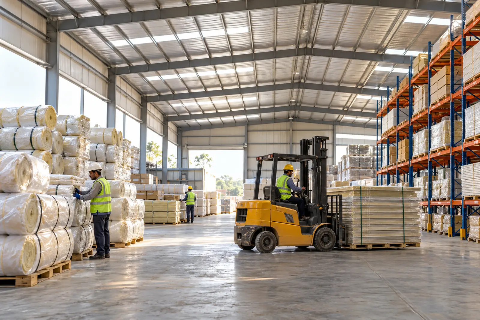 A cool, bright warehouse interior under an insulated metal roof, racks and a forklift
