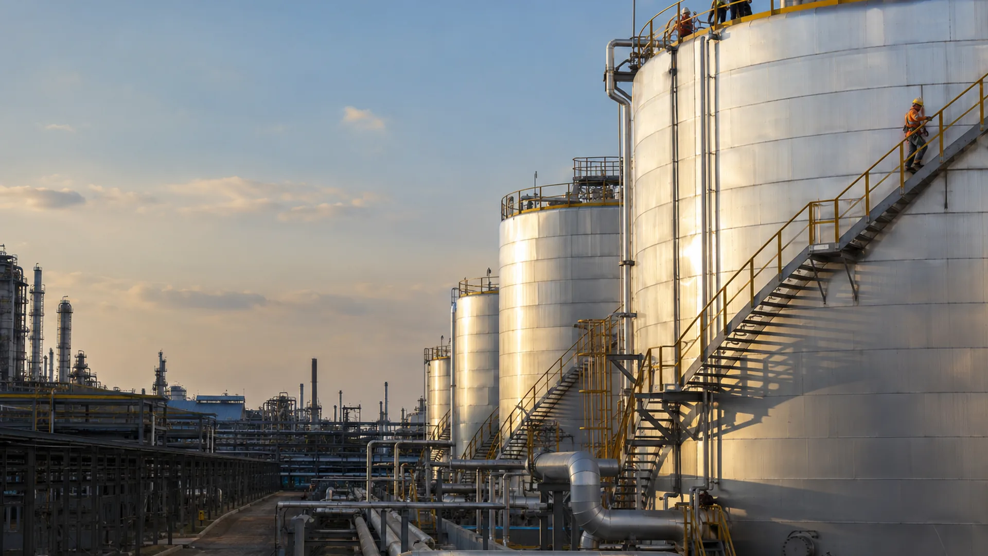 A tank farm with insulated and aluminium-clad storage tanks at a plant