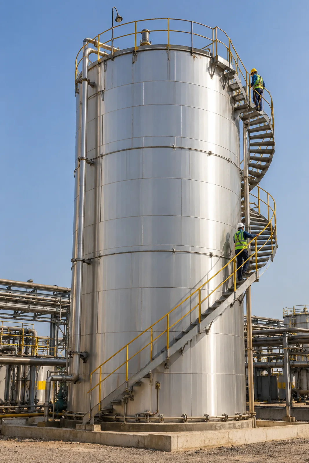 One tall insulated storage tank with aluminium cladding and a spiral staircase