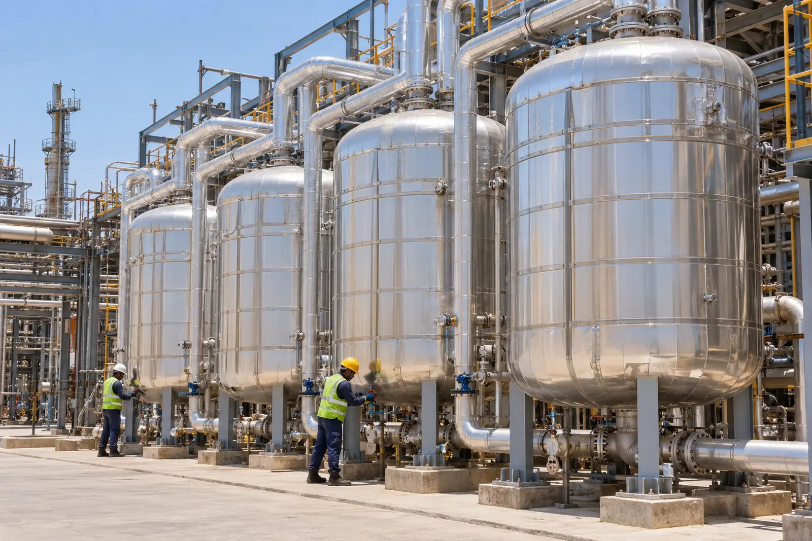 A row of insulated stainless process silos and vessels