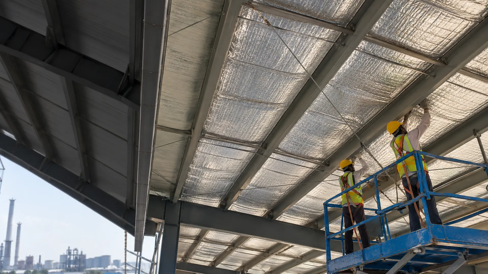 Looking up at the underside of an industrial shed roof lined with reflective foil insulation between the