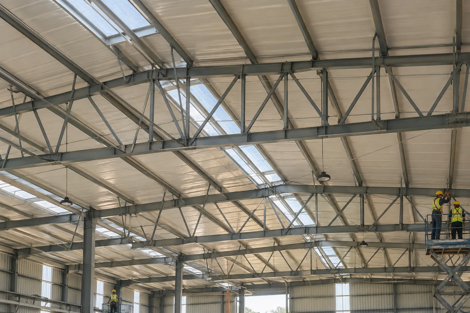 A factory shed roof structure with trusses and insulated roof sheets from inside